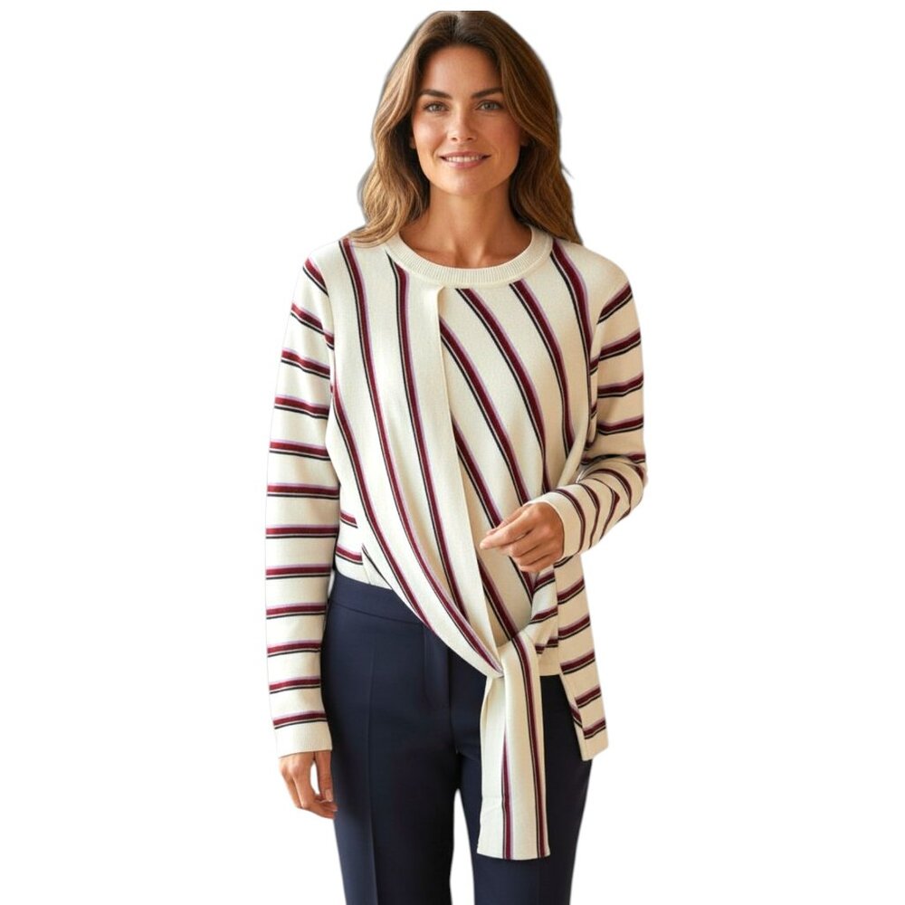 Karen Millen Cream Sweater with Burgundy and Navy Stripes